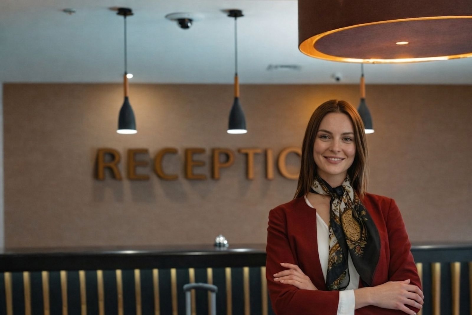 Receptionist con bella uniforme creata da laboratorio sartoriale